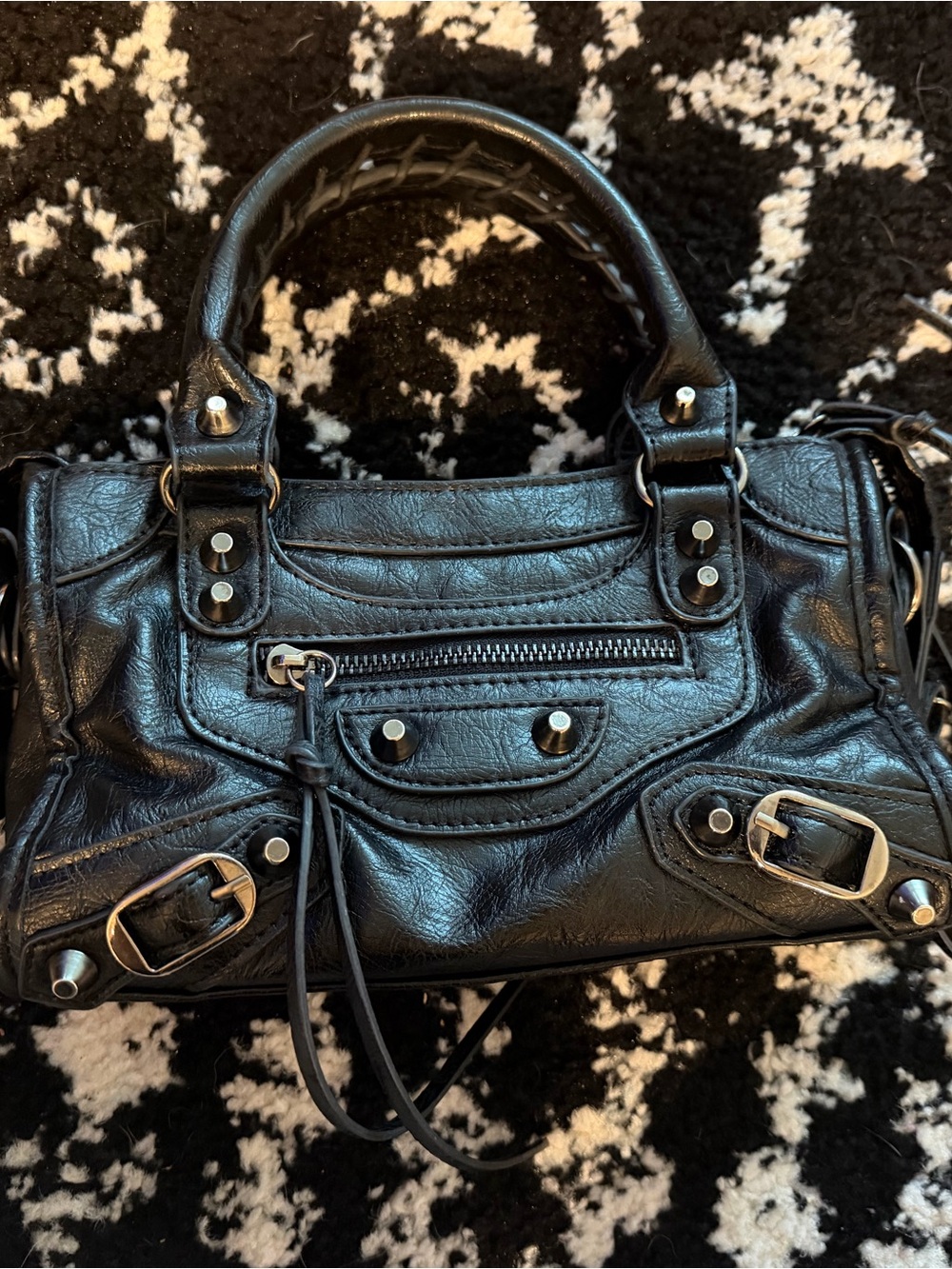 Classic Black Leather Studded Satchel - Women Bags